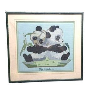 Completed Handmade Framed Panda Bears Cross Stitch Appx 16" x 18" THE PANDA